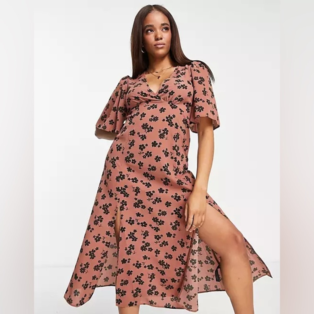 ASOS DESIGN angel sleeve midi dress in brown floral print